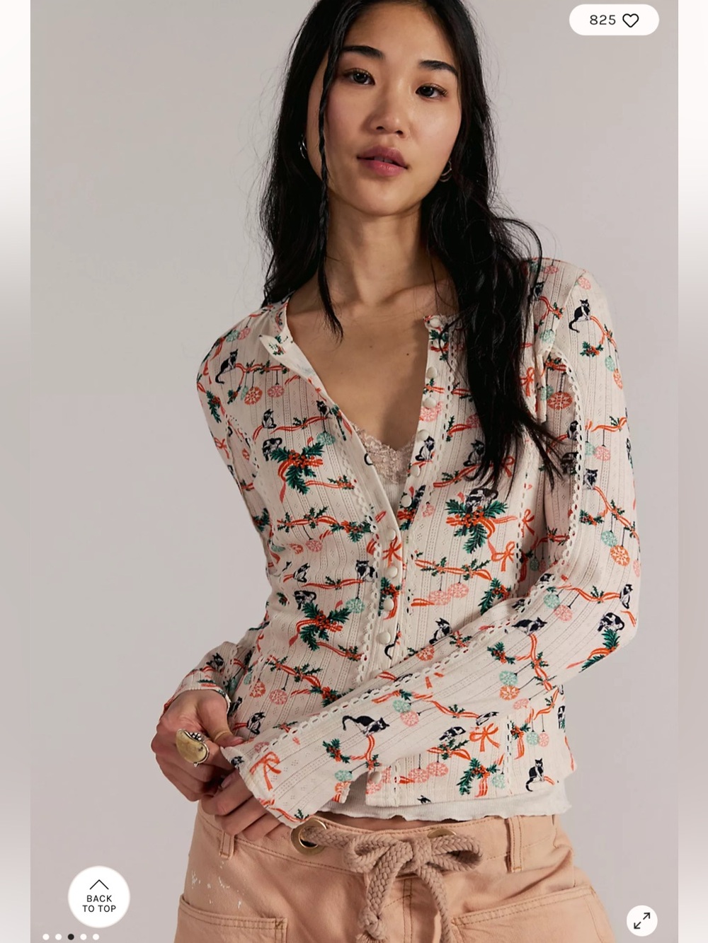 free people Pearl And Lace Cardi Cats Bows Mistle Toe Printed Long Sleeve Top